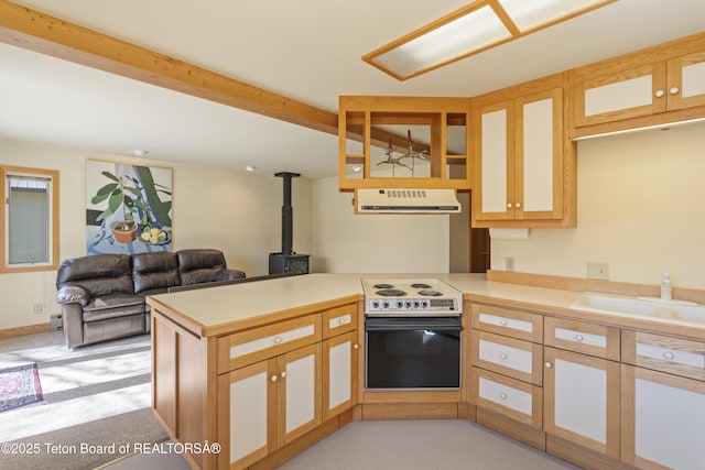 kitchen with electric range oven, a peninsula, a wood stove, a sink, and light countertops