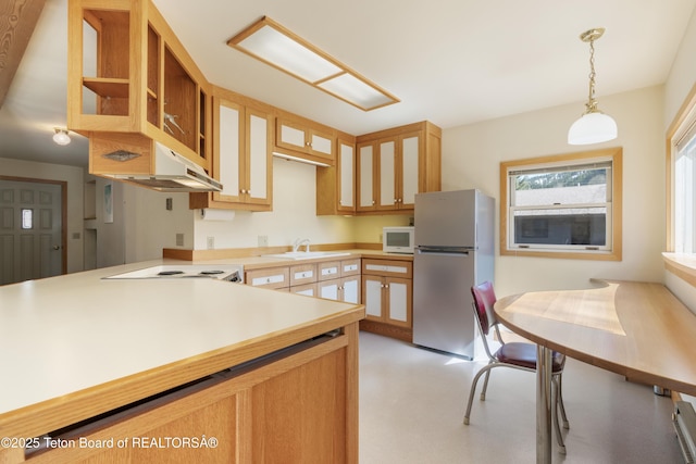 kitchen with freestanding refrigerator, white microwave, a sink, under cabinet range hood, and glass insert cabinets