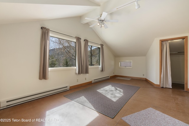 additional living space with a baseboard heating unit and a ceiling fan