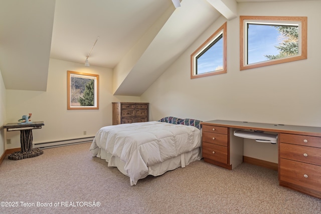 bedroom featuring a baseboard heating unit, light carpet, lofted ceiling, a desk, and baseboards