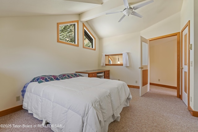 carpeted bedroom with baseboards and a ceiling fan