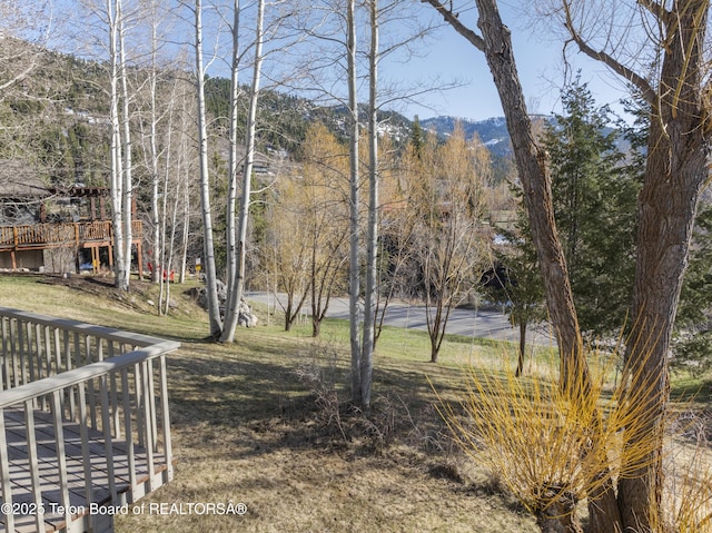 view of yard featuring a deck with mountain view