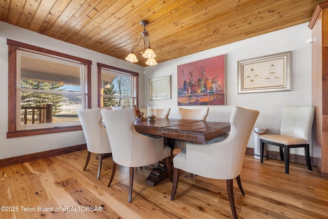 980 S 1000 E, Driggs, ID 83455 - dining space featuring baseboards, light wood-style flooring, an inviting chandelier, and wooden ceiling