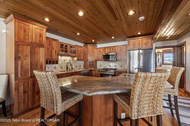 980 S 1000 E, Driggs, ID 83455 - kitchen with tasteful backsplash, stainless steel appliances, a sink, light wood-style flooring, and brown cabinetry