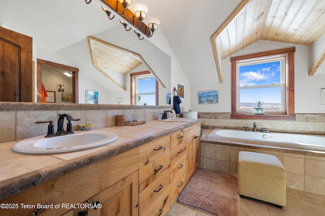 980 S 1000 E, Driggs, ID 83455 - full bathroom featuring double vanity, lofted ceiling, a sink, and a bath