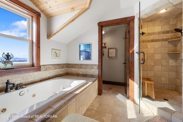 980 S 1000 E, Driggs, ID 83455 - full bath with vaulted ceiling, tile patterned floors, a whirlpool tub, and a stall shower