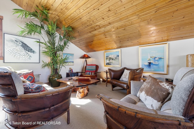980 S 1000 E, Driggs, ID 83455 - living room featuring vaulted ceiling, wooden ceiling, and carpet floors