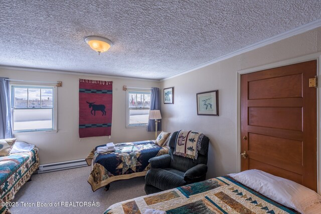 carpeted bedroom featuring crown molding, a baseboard radiator, multiple windows, and a textured ceiling