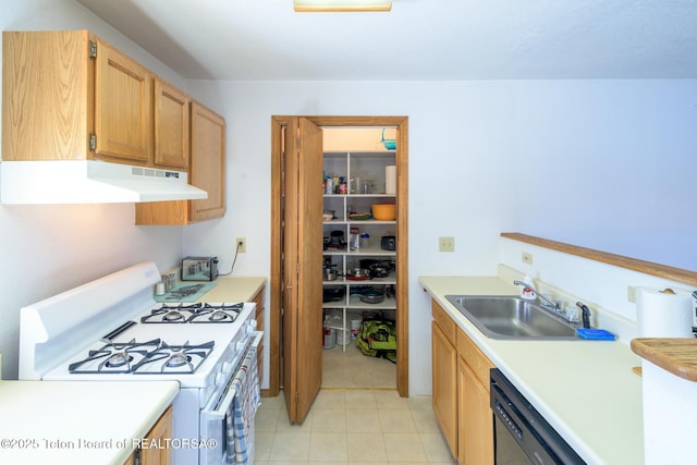kitchen with light countertops, a sink, white range with gas cooktop, under cabinet range hood, and black dishwasher