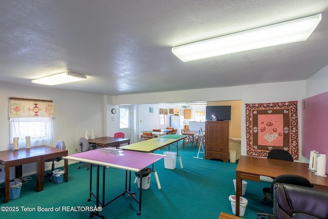 recreation room featuring a textured ceiling, carpet flooring, and a wealth of natural light