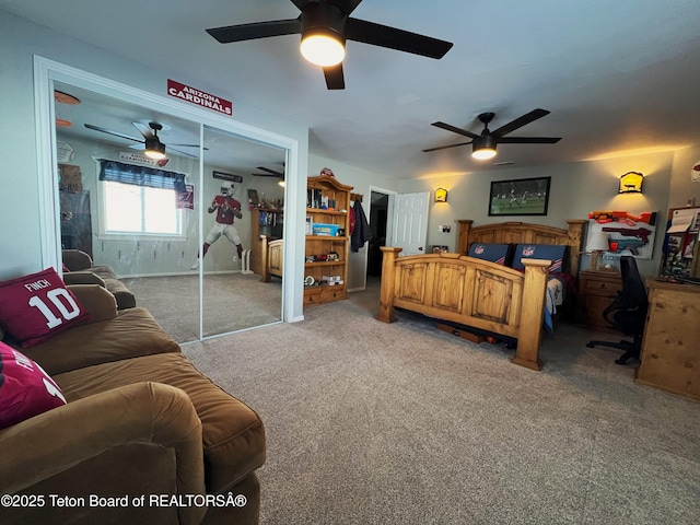 carpeted bedroom featuring ceiling fan