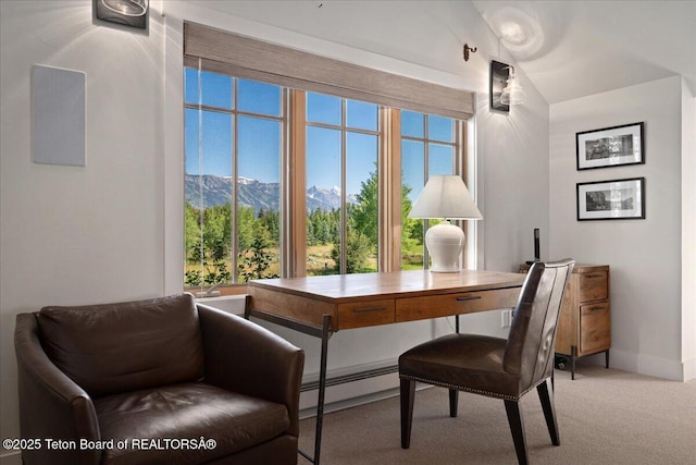3300 N Trapper Ln, Wilson, WY 83014 - dining area featuring a baseboard radiator, a mountain view, a desk, and light colored carpet