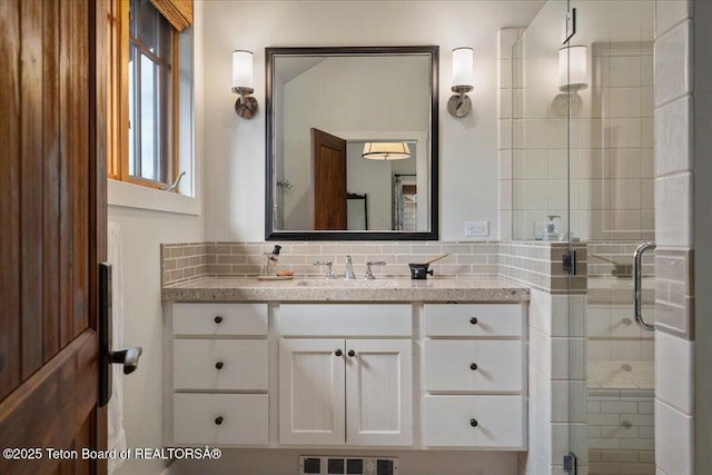3300 N Trapper Ln, Wilson, WY 83014 - bathroom featuring vanity, a shower stall, and backsplash
