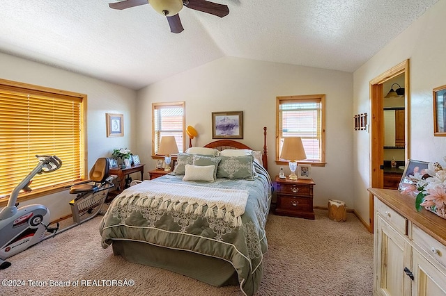 bedroom featuring light carpet, multiple windows, vaulted ceiling, and a textured ceiling