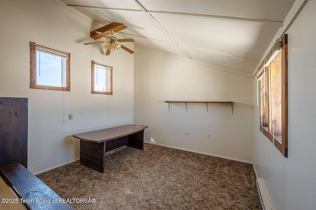 interior space featuring ceiling fan, carpet flooring, baseboards, and baseboard heating