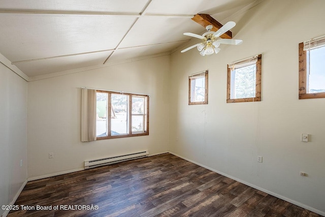 spare room featuring a baseboard radiator, wood finished floors, ceiling fan, and vaulted ceiling