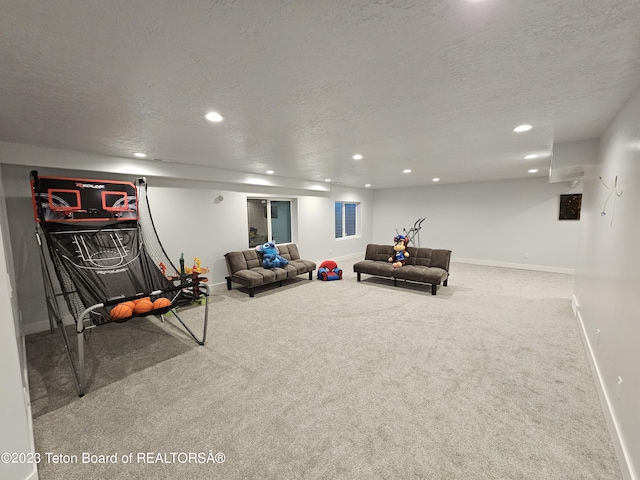 living area featuring recessed lighting, baseboards, and carpet floors