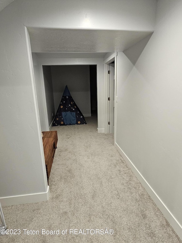 hall with baseboards and carpet floors
