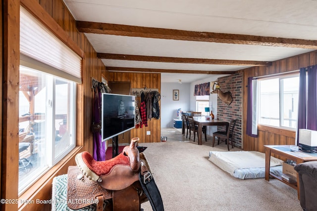 44 12th St, Marbleton, WY 83113 - living room with wooden walls, beam ceiling, and carpet flooring