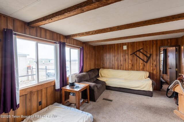 44 12th St, Marbleton, WY 83113 - carpeted living area with wooden walls, beamed ceiling, and visible vents