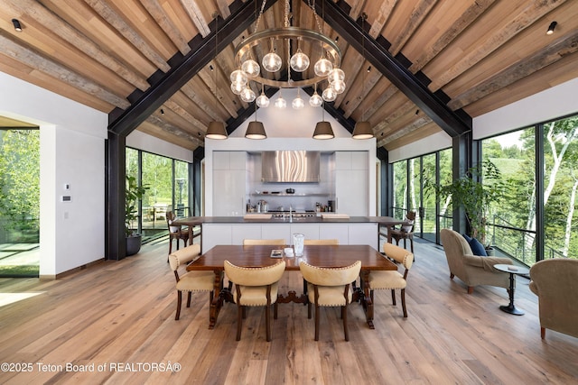 1165 W Bar Bc Ranch Rd, Jackson, WY 83001 - dining space with a chandelier, beam ceiling, light wood finished floors, and high vaulted ceiling