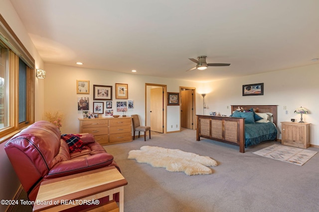 1820 Fall Line Dr, Driggs, ID 83422 - bedroom featuring light colored carpet, ceiling fan, and recessed lighting