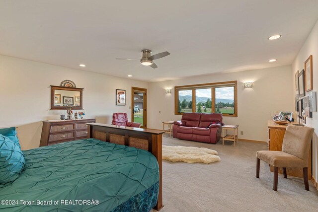 1820 Fall Line Dr, Driggs, ID 83422 - bedroom featuring baseboards, recessed lighting, light colored carpet, and a ceiling fan