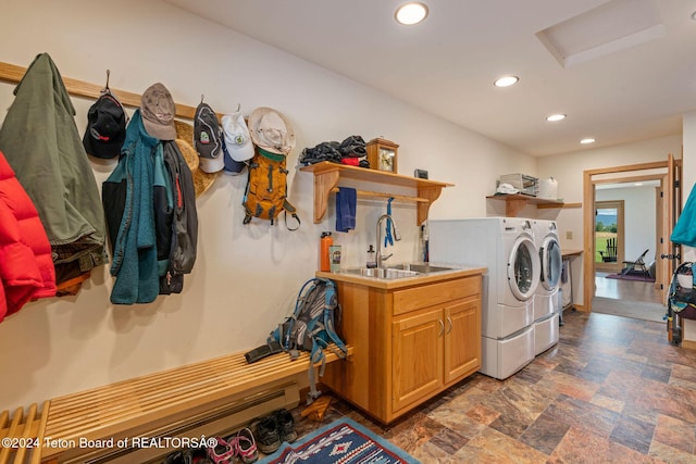 1820 Fall Line Dr, Driggs, ID 83422 - laundry area featuring a sink, stone finish floor, recessed lighting, attic access, and washing machine and dryer