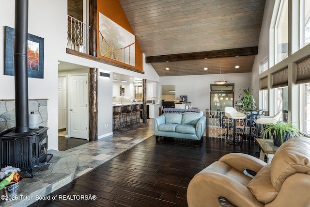 17 C B Ln, Pinedale, WY 82941 - living room featuring high vaulted ceiling, a wood stove, wood ceiling, and wood finished floors