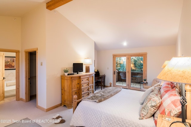 3723 W Michael Dr Unit 13, Teton Village, WY 83025 - bedroom featuring light carpet, beam ceiling, access to exterior, baseboards, and high vaulted ceiling