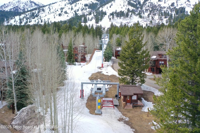 3723 W Michael Dr Unit 13, Teton Village, WY 83025 - snowy aerial view with a wooded view and a mountain view