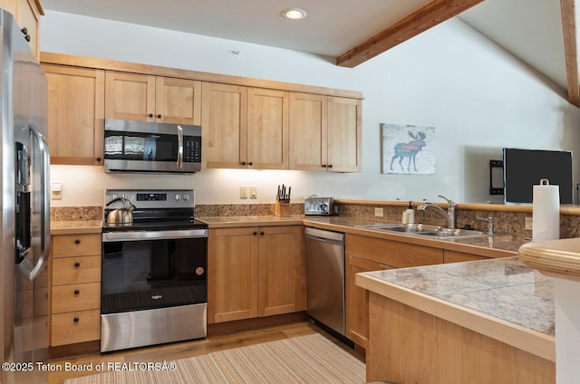 3723 W Michael Dr Unit 13, Teton Village, WY 83025 - kitchen featuring stainless steel appliances, light brown cabinetry, a sink, and tile countertops