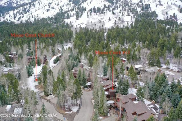 3723 W Michael Dr Unit 13, Teton Village, WY 83025 - snowy aerial view featuring a forest view and a mountain view