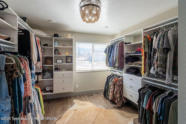 spacious closet with wood finished floors and a notable chandelier