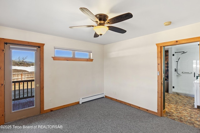 708 Palisades Ln, Alpine, WY 83128 - unfurnished bedroom with baseboards, a baseboard radiator, ceiling fan, access to exterior, and carpet flooring