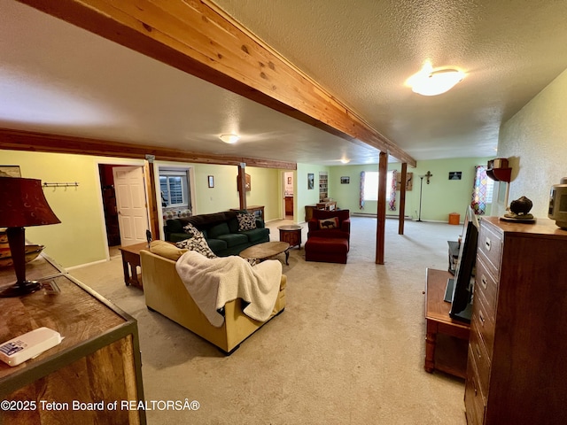 living area with light carpet and a textured ceiling