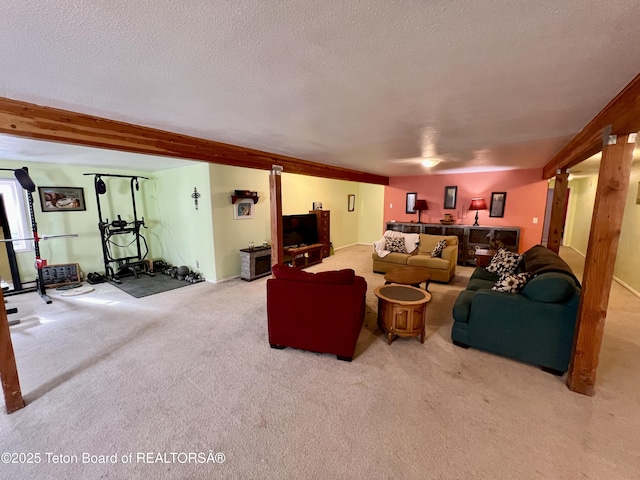 living area with carpet flooring and a textured ceiling