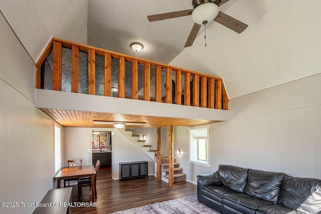 102295 US Highway 89, Thayne, WY 83127 - living room with stairway, wood finished floors, a ceiling fan, and high vaulted ceiling