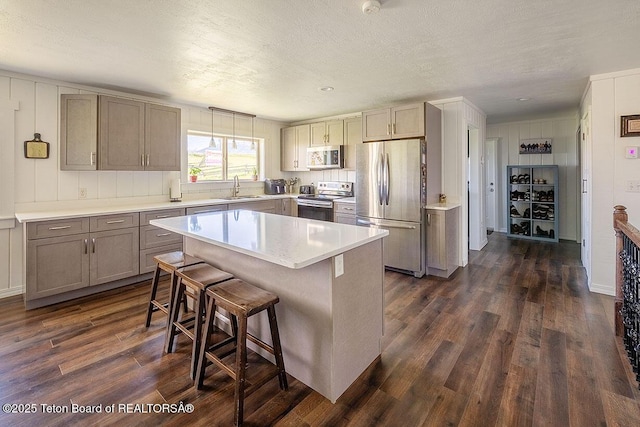 102295 US Highway 89, Thayne, WY 83127 - kitchen featuring stainless steel appliances, a sink, gray cabinets, dark wood-style floors, and a textured ceiling