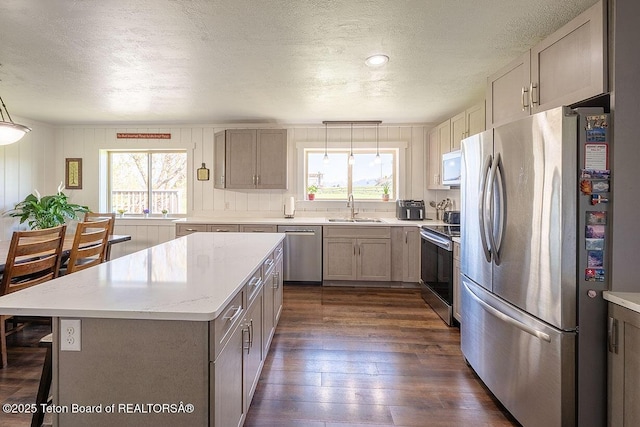 102295 US Highway 89, Thayne, WY 83127 - kitchen featuring stainless steel appliances, a sink, a textured ceiling, dark wood-style flooring, and a center island