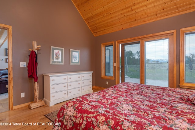 bedroom with access to exterior, light wood-type flooring, baseboards, wooden ceiling, and high vaulted ceiling