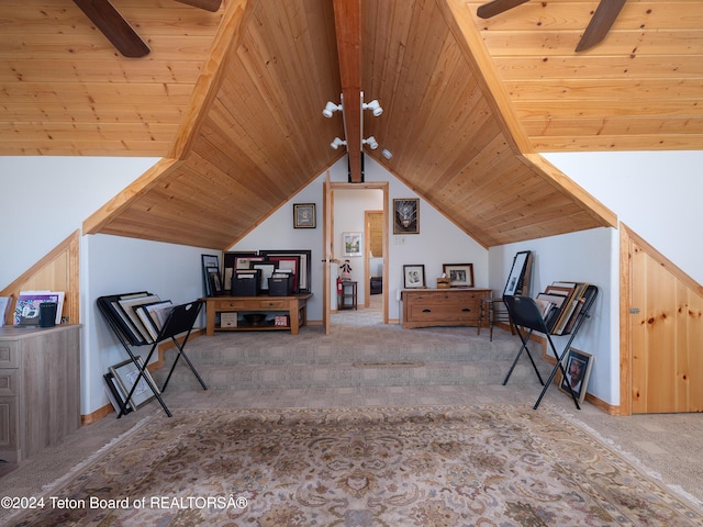 living area featuring vaulted ceiling with beams, wood ceiling, ceiling fan, carpet, and baseboards