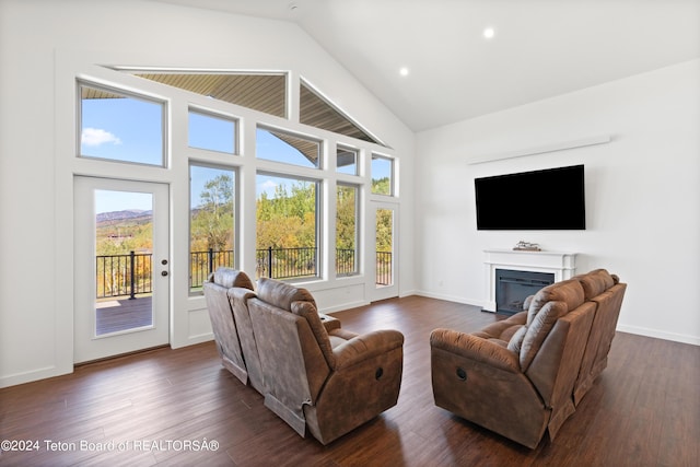 604 Falcon Dr, Alpine, WY 83128 - living area featuring a healthy amount of sunlight, high vaulted ceiling, and dark wood-style floors