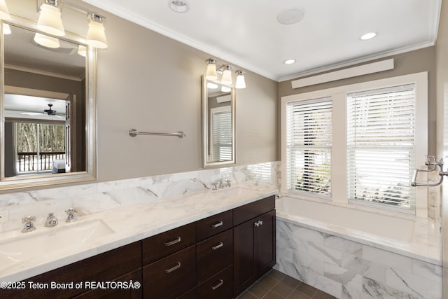 332 N Forest Dr, Star Valley Ranch, WY 83127 - full bathroom featuring ornamental molding, a sink, double vanity, and recessed lighting