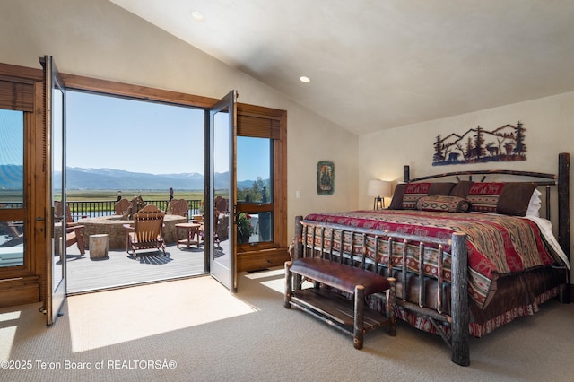 4053 S Adams Rd, Driggs, ID 83422 - carpeted bedroom with lofted ceiling, access to exterior, a mountain view, and recessed lighting