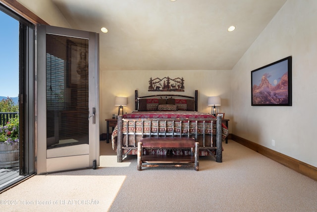 4053 S Adams Rd, Driggs, ID 83422 - carpeted bedroom with recessed lighting, vaulted ceiling, and access to exterior