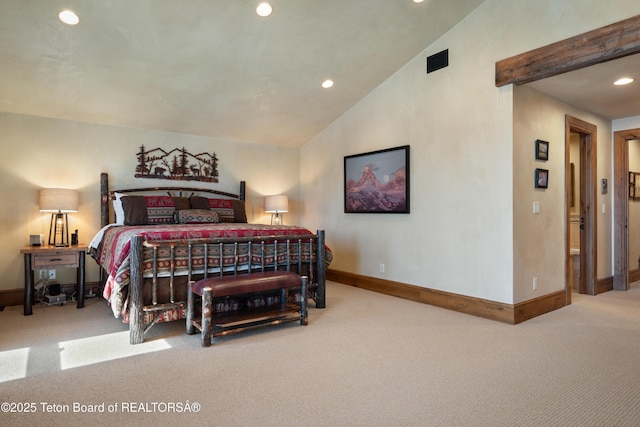 4053 S Adams Rd, Driggs, ID 83422 - carpeted bedroom with vaulted ceiling and recessed lighting