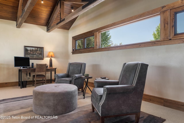 4053 S Adams Rd, Driggs, ID 83422 - living area with wooden ceiling, a desk, and carpet floors