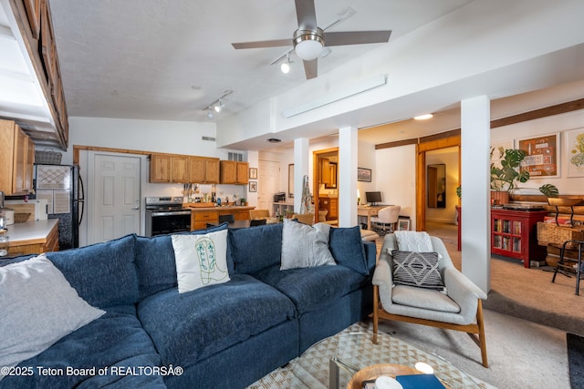 1710 E Porcupine Rd, Jackson, WY 83001 - living area featuring light colored carpet and a ceiling fan