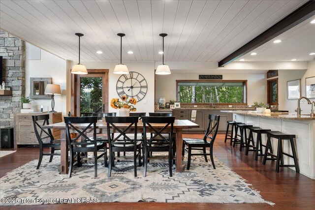 3375 W Killdeer Rd, Jackson, WY 83001 - dining space with dark wood-style floors, recessed lighting, and wood ceiling